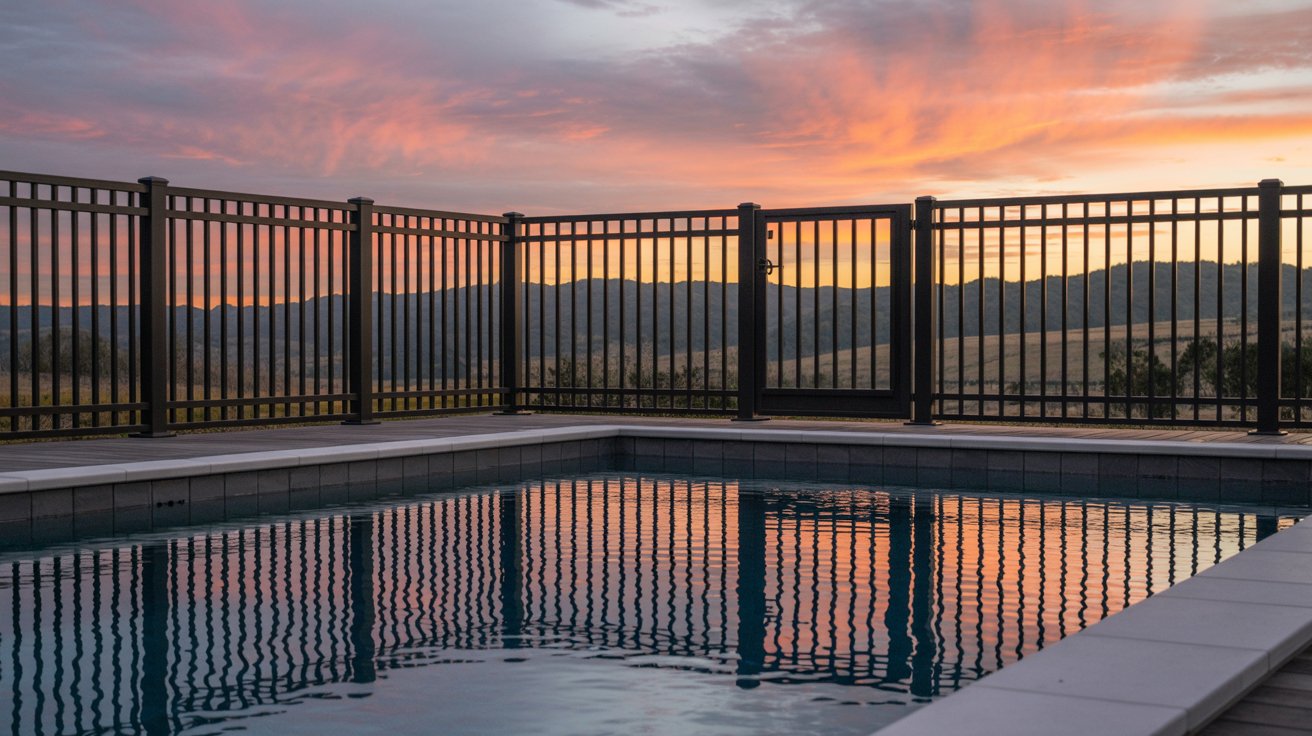 Black aluminum pool fence with gate