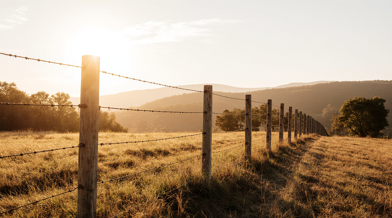 Board and wire farm fence on acreage